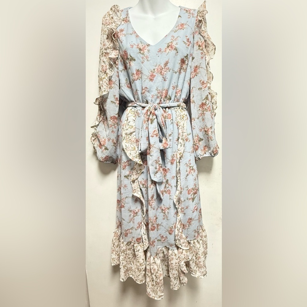 Pink and Blue Ruffled Tiered Sundress with Bishop Sleeves